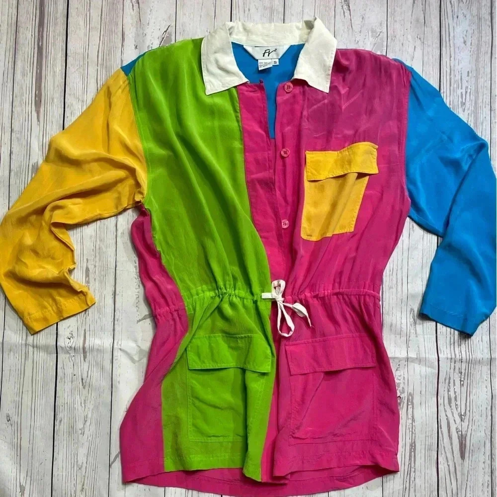 Lightweight Vintage Color block 3/4 Sleeve Silk Button Up Shirt Cinched Waist Sm - Picture 2 of 15
